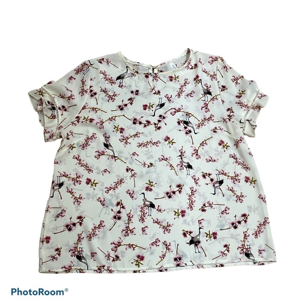 Westmoon White Cherry Blossom Bird Print Chiffon Blouse Size M